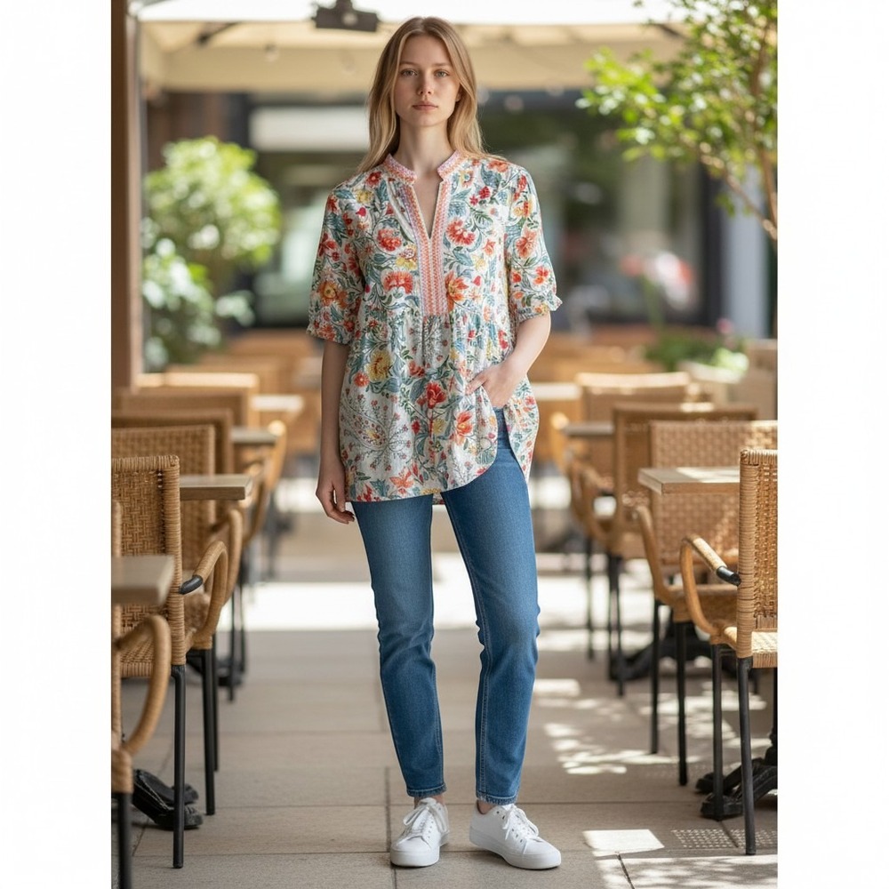 Cherybetty Floral Paisley Babydoll Top Short Sleeve Embroidered Split Neck L